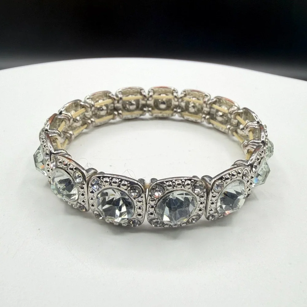 Clear Rhinestone Silver Tone Stretch Bracelet Square Link Statement Jewelry